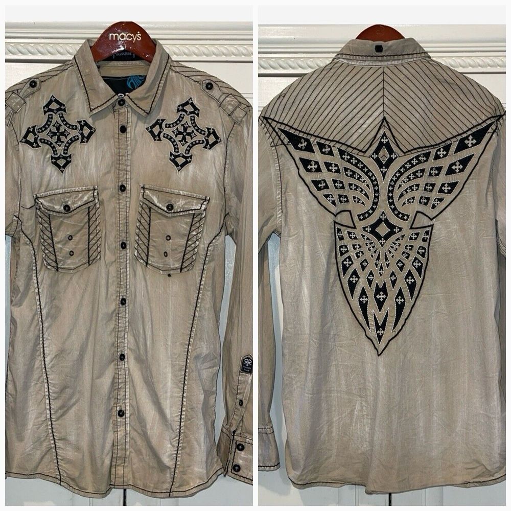 Roar‎ Shirt Men Medium Beige Faded Distressed Embroidery Long Sleeve